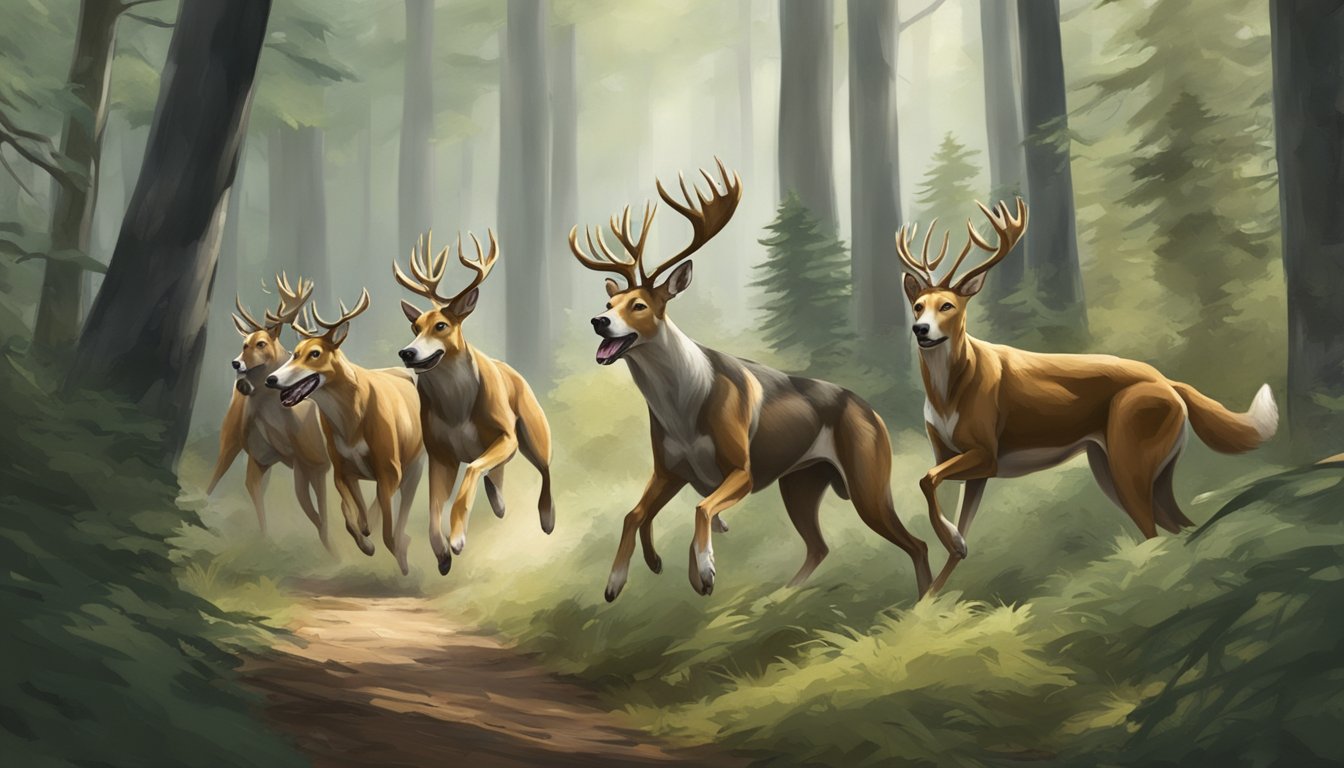 A pack of hounds chasing a deer through a dense forest