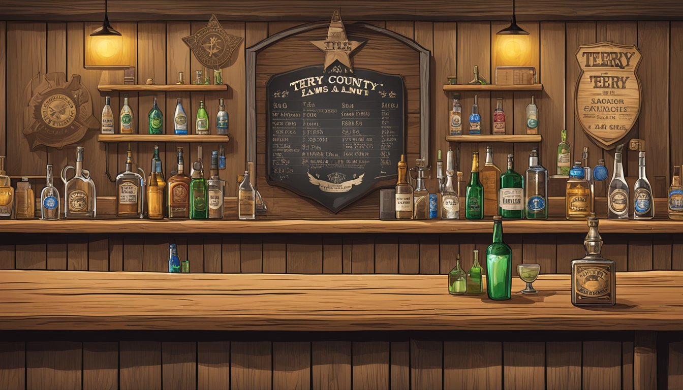 A rustic Texas bar with bottles and glasses, a sign with "Terry County Alcohol Laws" and a sheriff's badge on the counter