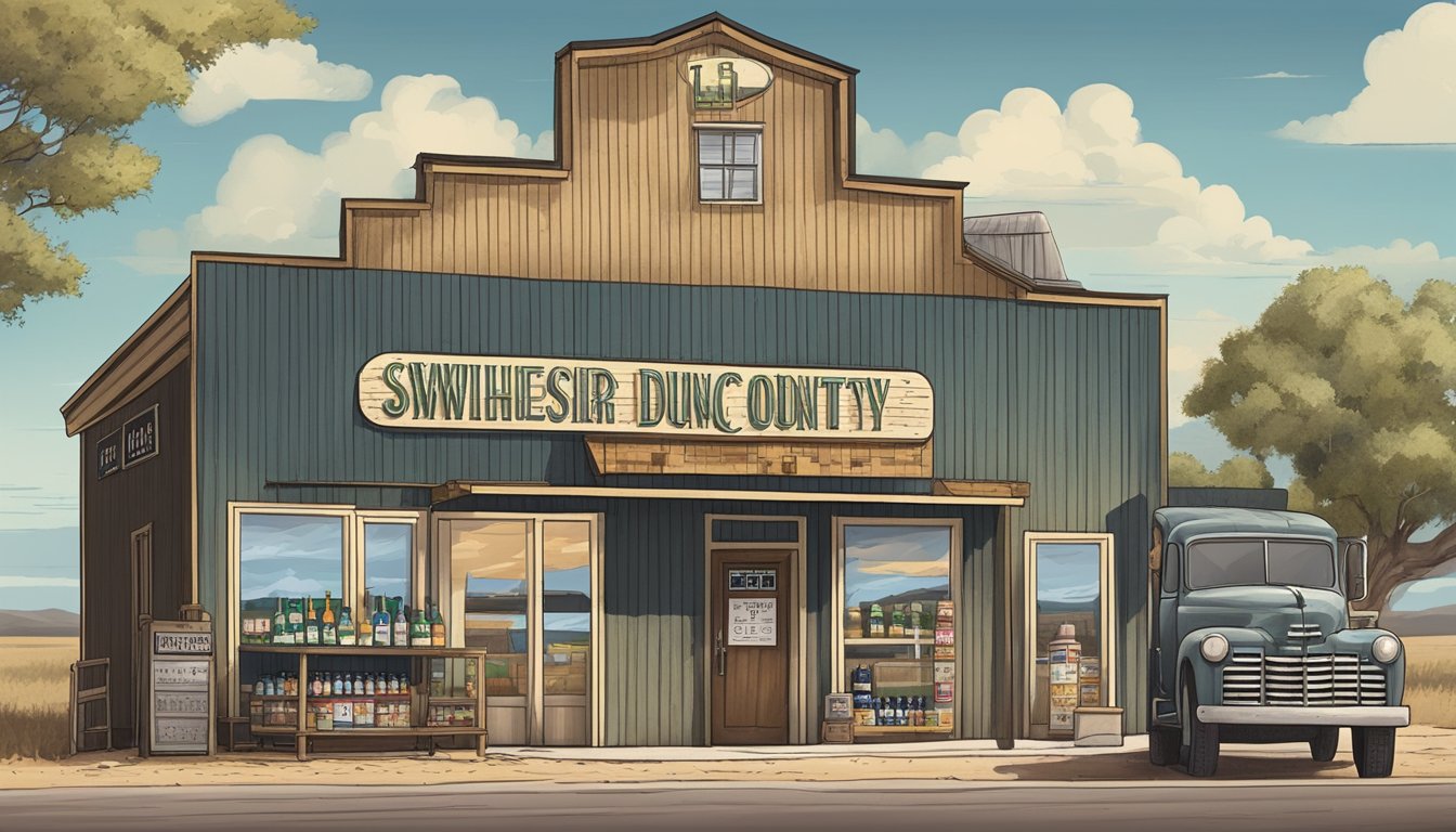 A rural Texan landscape with a liquor store sign displaying the legal drinking and purchase ages for Swisher County, Texas