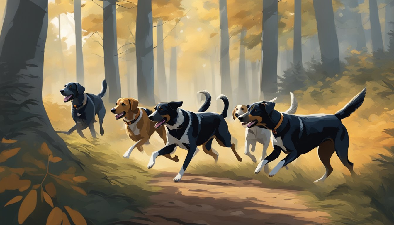 A pack of hunting dogs running through a forest, their noses to the ground as they follow a trail