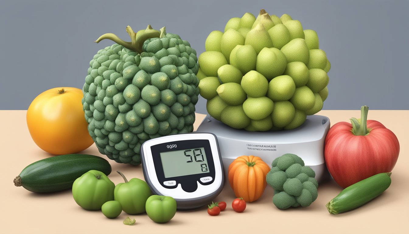 A sugar apple surrounded by various fruits and vegetables, with a blood sugar monitor displaying normal levels in the background