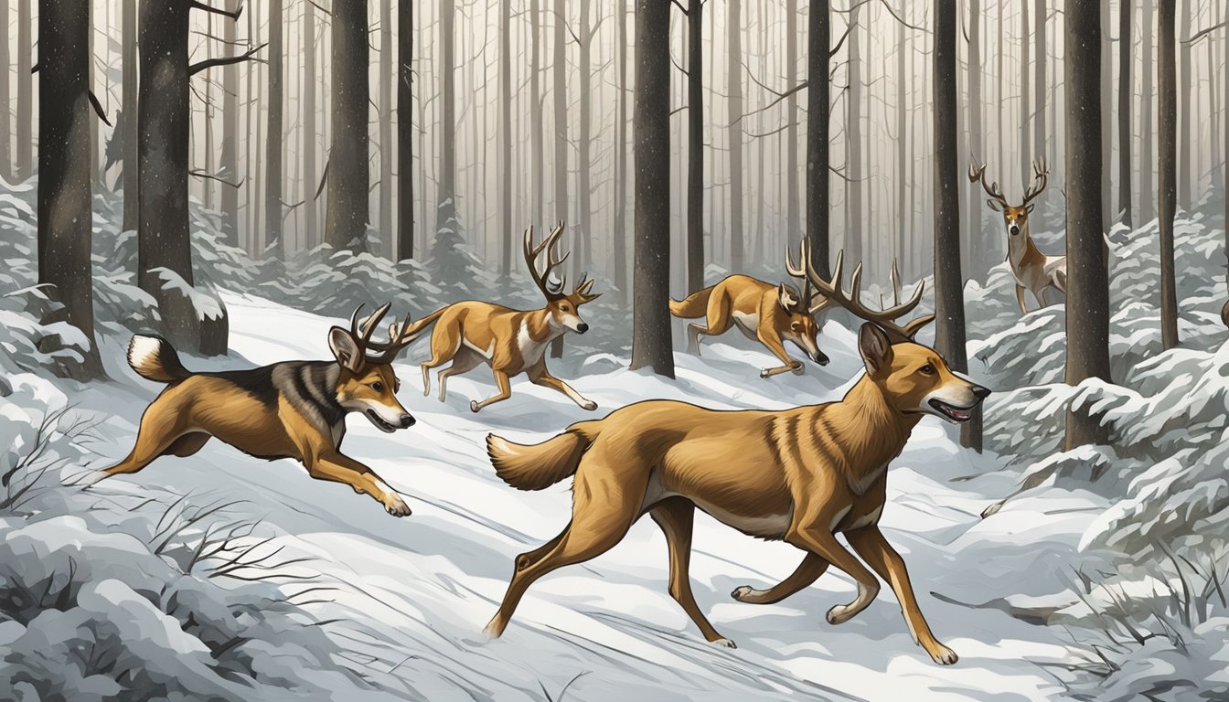 A pack of hounds chasing a deer through a dense forest