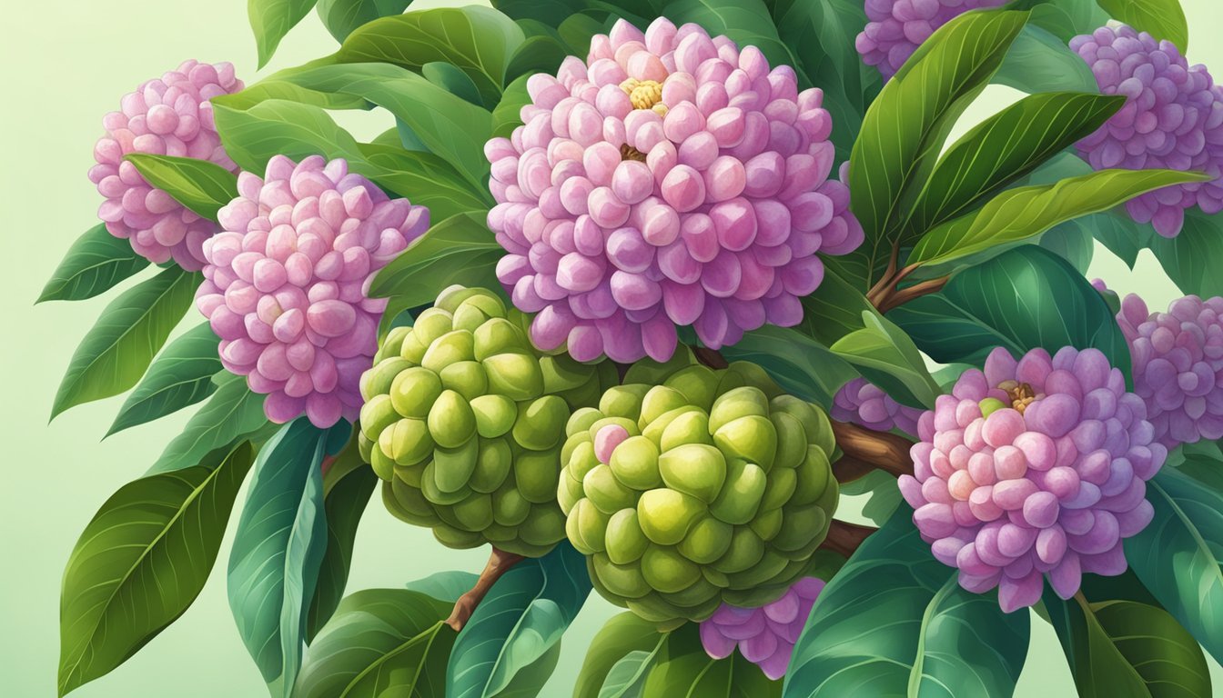 A sugar apple tree bearing ripe fruit, surrounded by lush green leaves and vibrant flowers