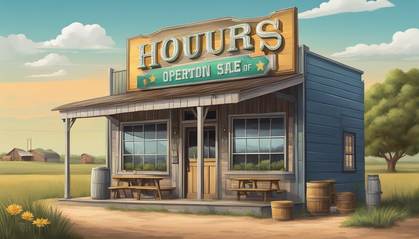 A small town bar with a "Hours of Operation" sign and a "Sale" sign displayed, surrounded by the rural landscape of Terry County, Texas