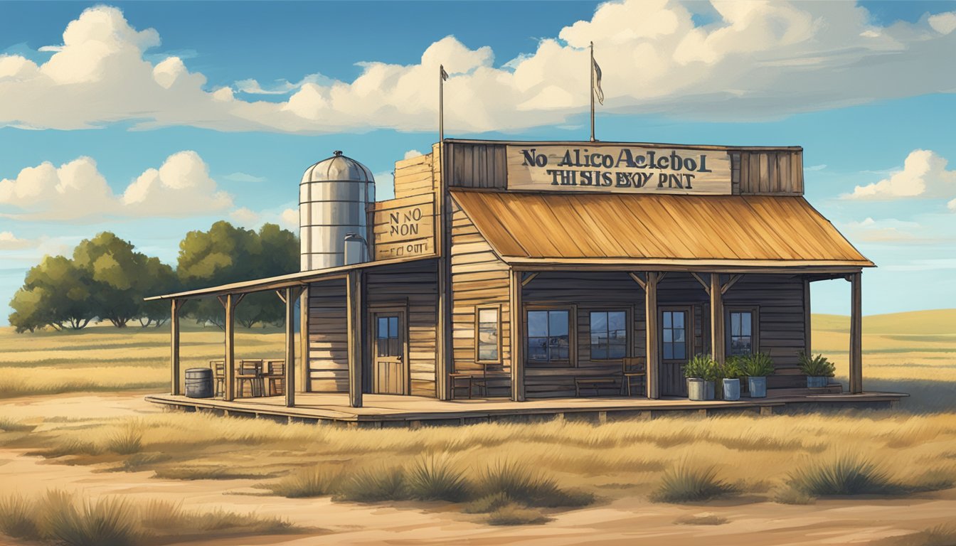 A rustic bar with a "No Alcohol Beyond This Point" sign, surrounded by open fields and a clear blue sky in Swisher County, Texas