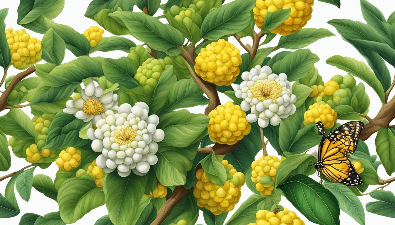 A sugar apple tree surrounded by vibrant green leaves and ripe, yellow fruits. Bees and butterflies flutter around, pollinating the flowers