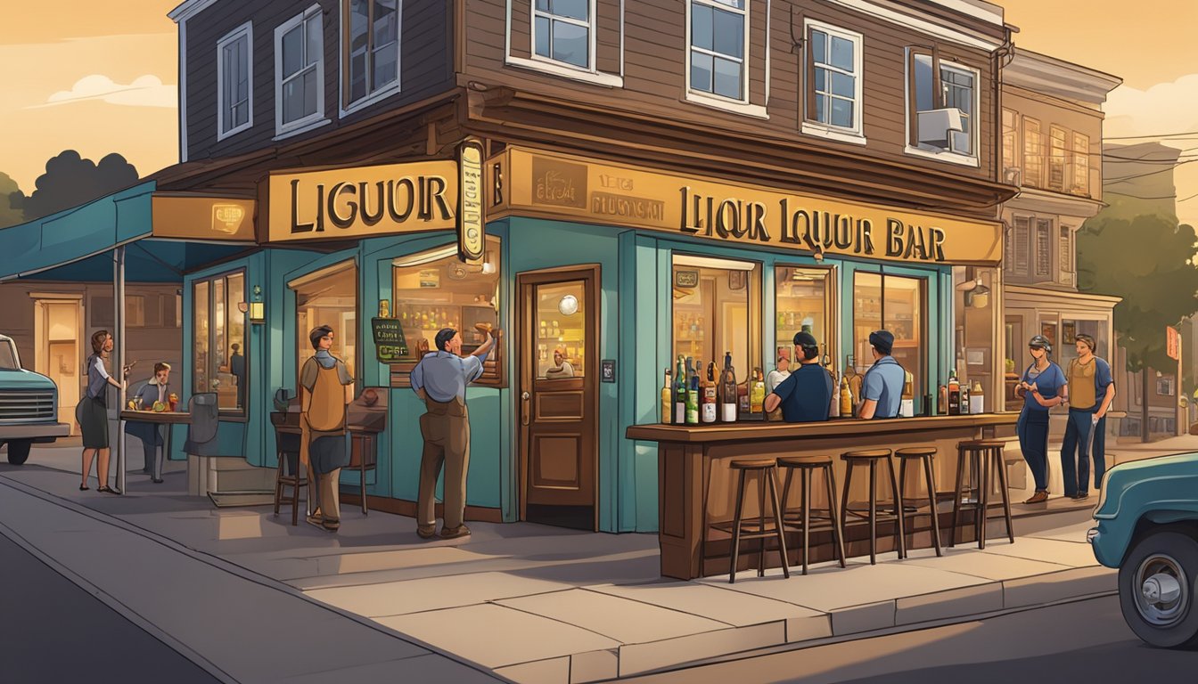 A small town bar with a "liquor" sign, a bartender serving drinks, and customers socializing