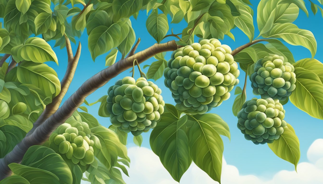 A sugar apple tree with ripe fruits hanging from the branches, surrounded by lush green foliage and a clear blue sky in the background