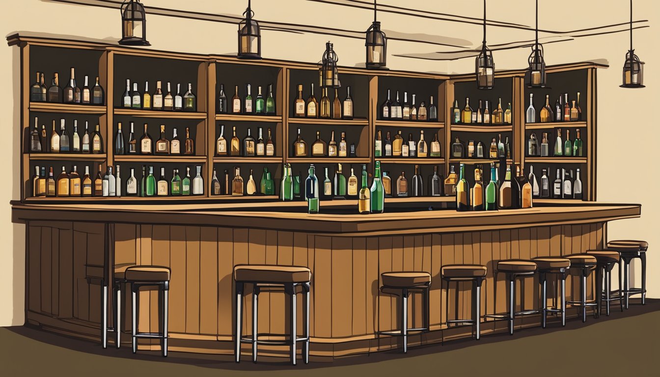 A dimly lit bar with a row of stools, bottles of alcohol on the shelves, and a sign displaying the county's alcohol and drinking laws