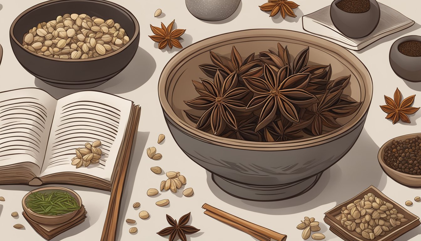 A bowl of star anise surrounded by traditional Chinese medicine books and herbs