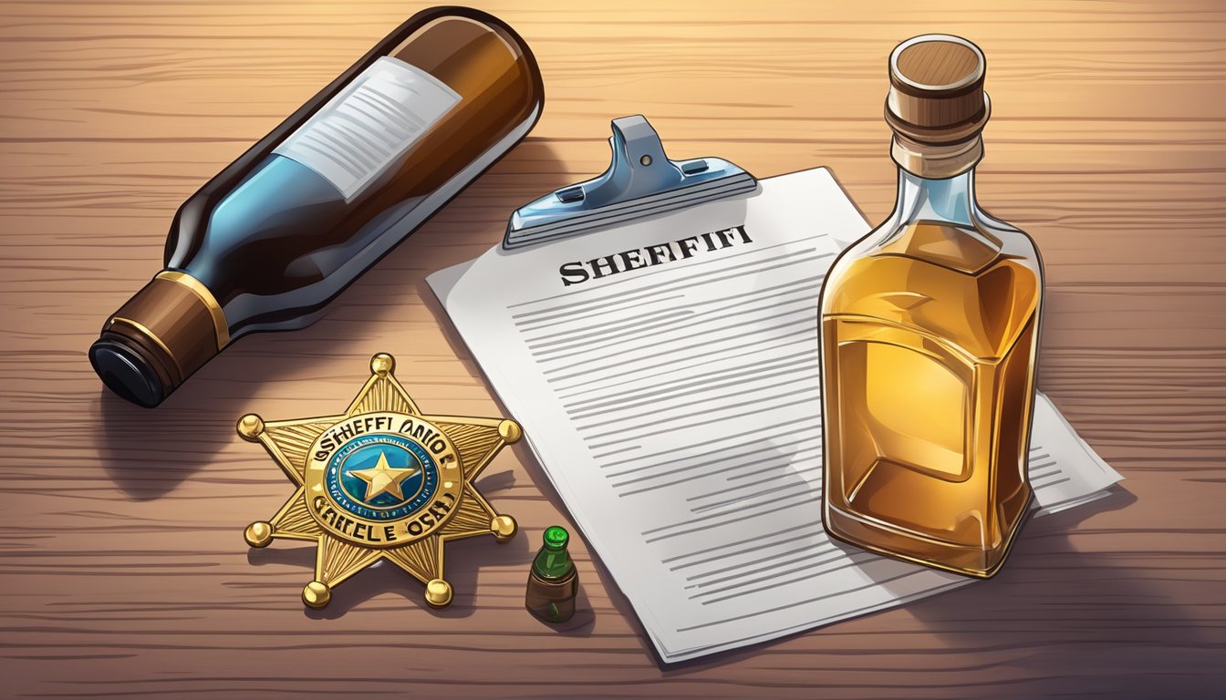 A sheriff's badge and a bottle of alcohol on a table, with a legal document in the background