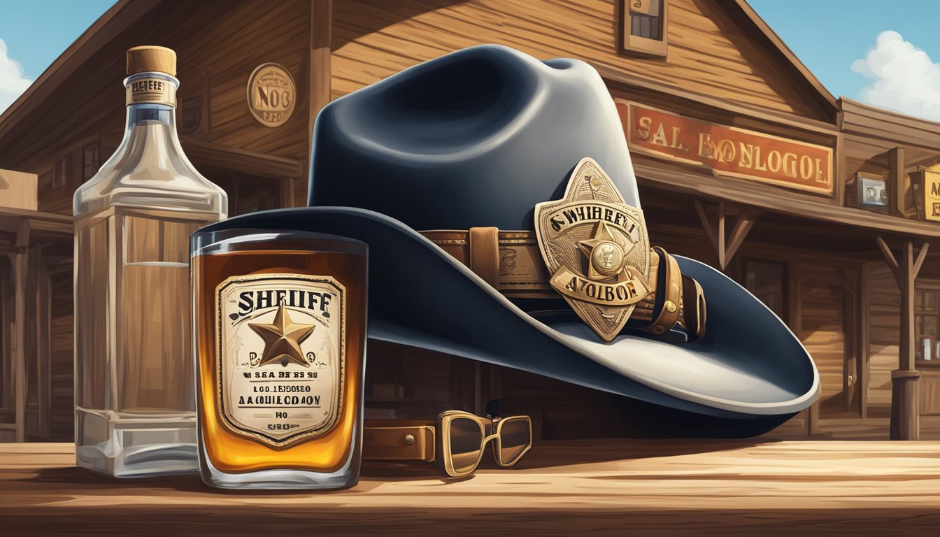 A sheriff's badge pinned to a cowboy hat, a bottle of whiskey, and a "No Alcohol" sign outside a saloon in a small Texas town