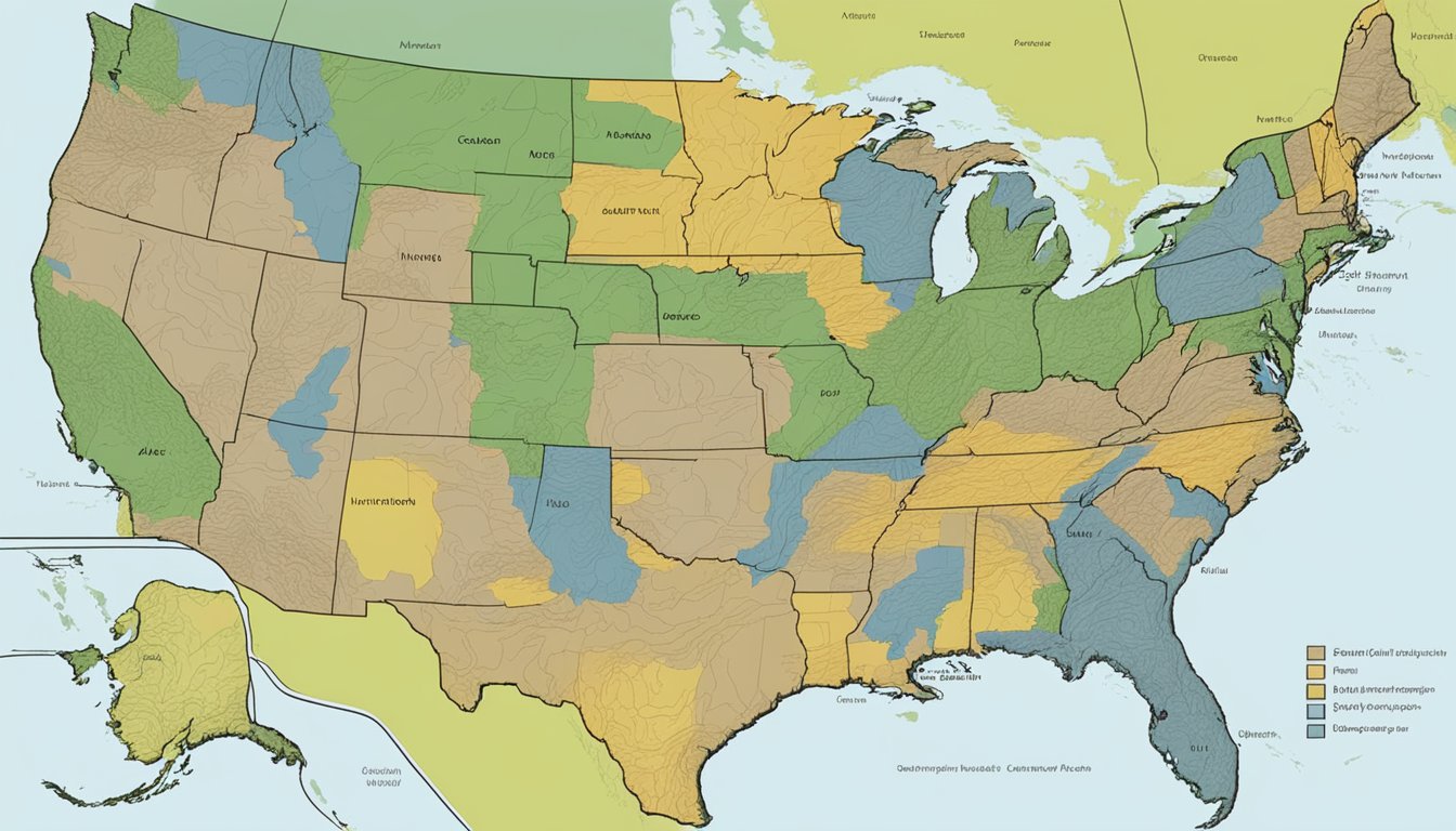 A map of the United States with color-coded regions indicating where hunting with dogs is permitted, surrounded by various tracking and GPS devices