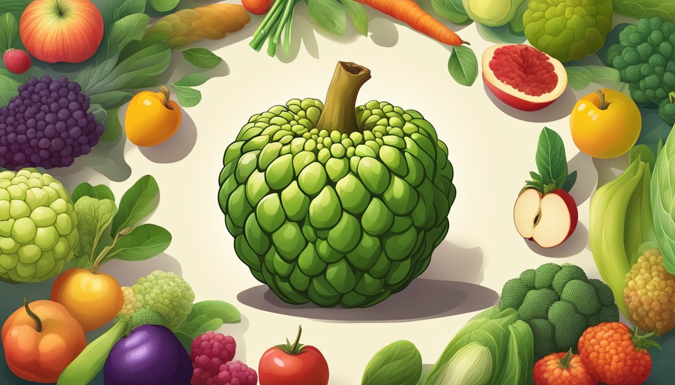 A sugar apple surrounded by various fruits and vegetables, with a glowing halo to depict its health benefits