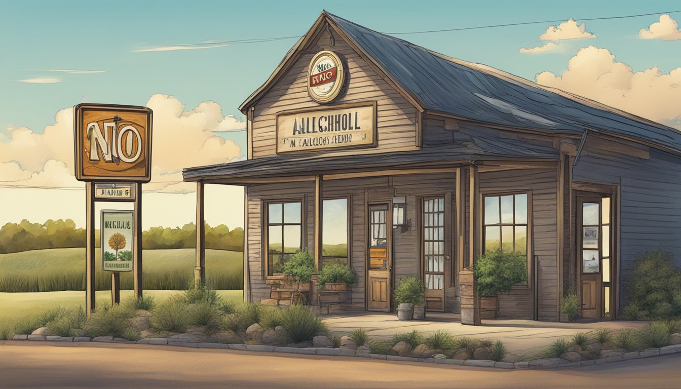 A rural landscape with a "No Alcohol" sign prominently displayed outside a local store in Stephens County, Texas