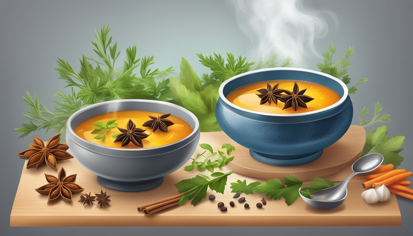 A bowl of steaming soup with whole star anise floating on the surface, surrounded by fresh herbs and spices