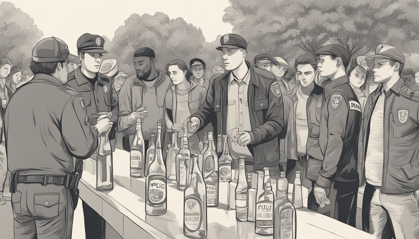 A police officer confiscates alcohol from a group of teens at a local park, while community members look on disapprovingly