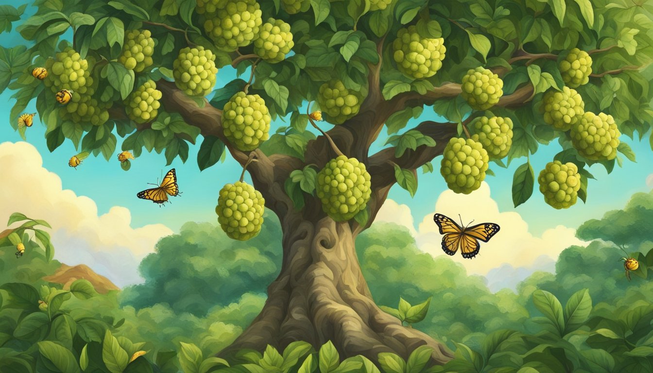 A sugar apple tree surrounded by lush green foliage, with ripe fruits hanging from the branches. Bees and butterflies flit around the blossoms, while a gentle breeze rustles the leaves