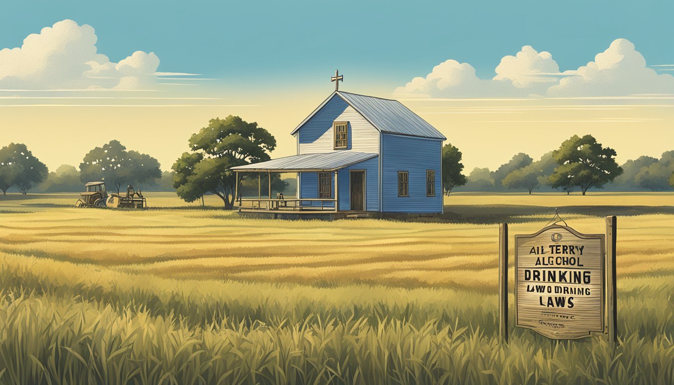 A rural Texas landscape with a sign displaying "Terry County Alcohol and Drinking Laws" surrounded by open fields and a clear blue sky