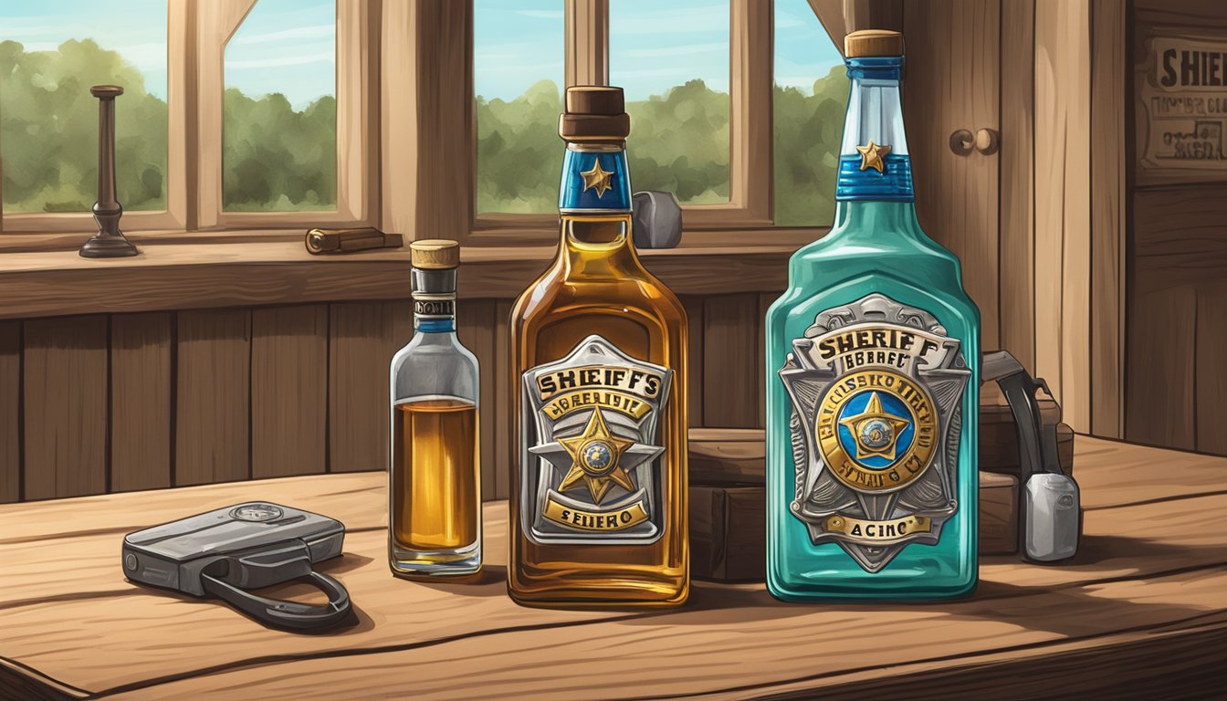 A sheriff's badge and a bottle of alcohol on a table in a small Texas town