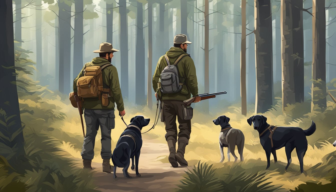 Hunters with dogs tracking game in a forest