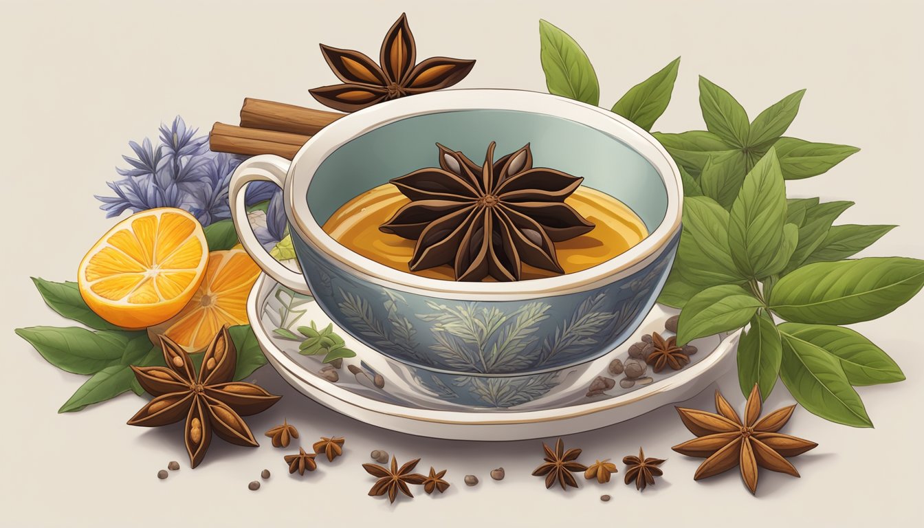 A bowl of star anise surrounded by various herbs and spices, with a steaming cup of tea nearby