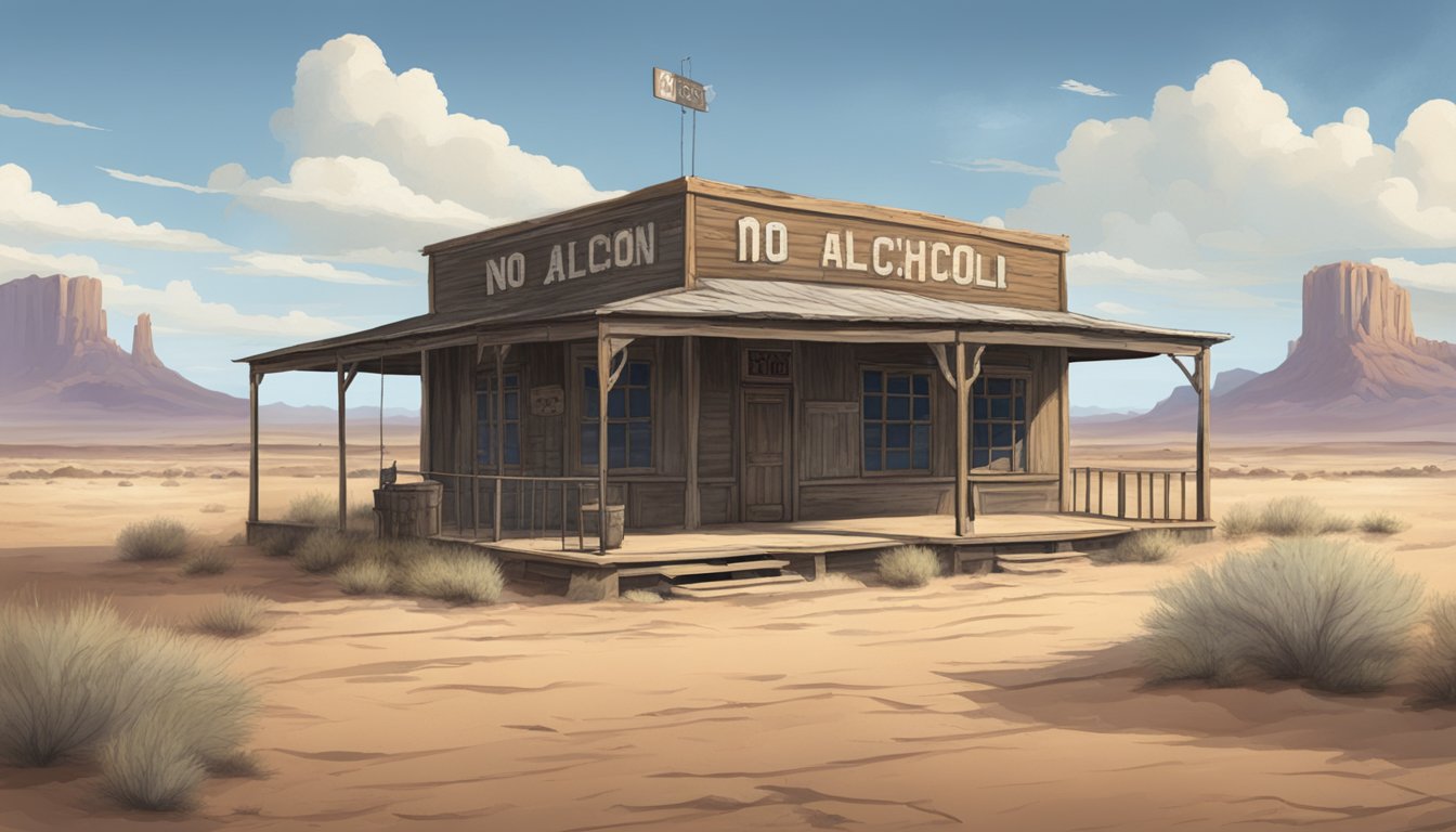 A dusty, old saloon with a "No Alcohol" sign hanging outside, surrounded by a dry, desolate landscape in Sterling County, Texas