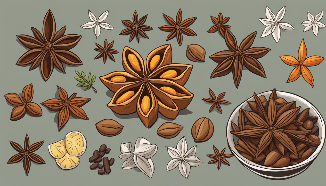 A vibrant illustration of star anise surrounded by other spices, showcasing its health benefits through symbols or visual cues such as a heart or energy boost