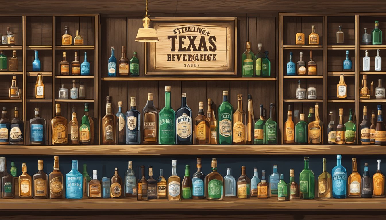 A rustic bar with Texas decor, bottles of alcohol on shelves, and a sign displaying the Sterling County Alcoholic Beverage Code