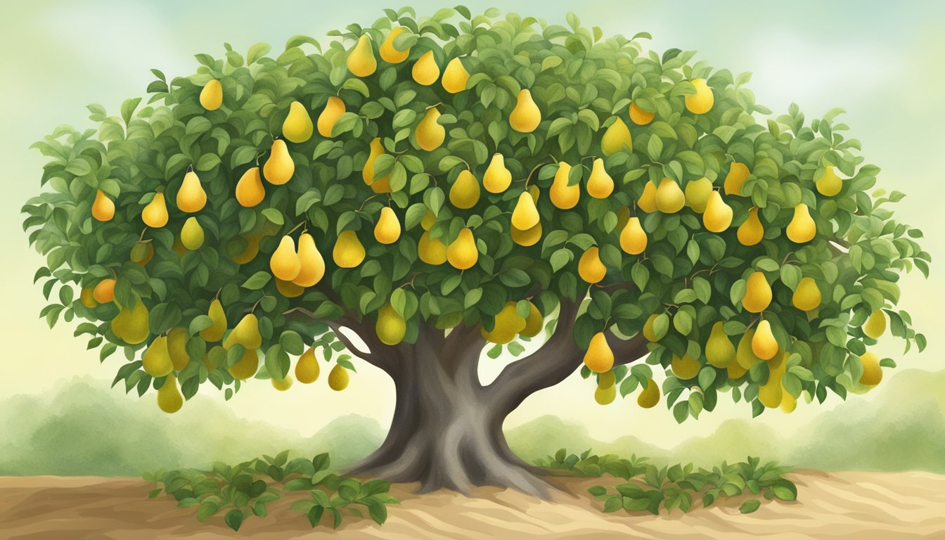 A sand pear tree with ripe fruit surrounded by lush green leaves, symbolizing its health benefits and natural abundance