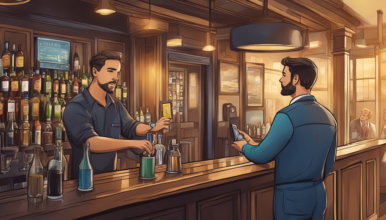 A bartender checking a customer's ID at a bar entrance