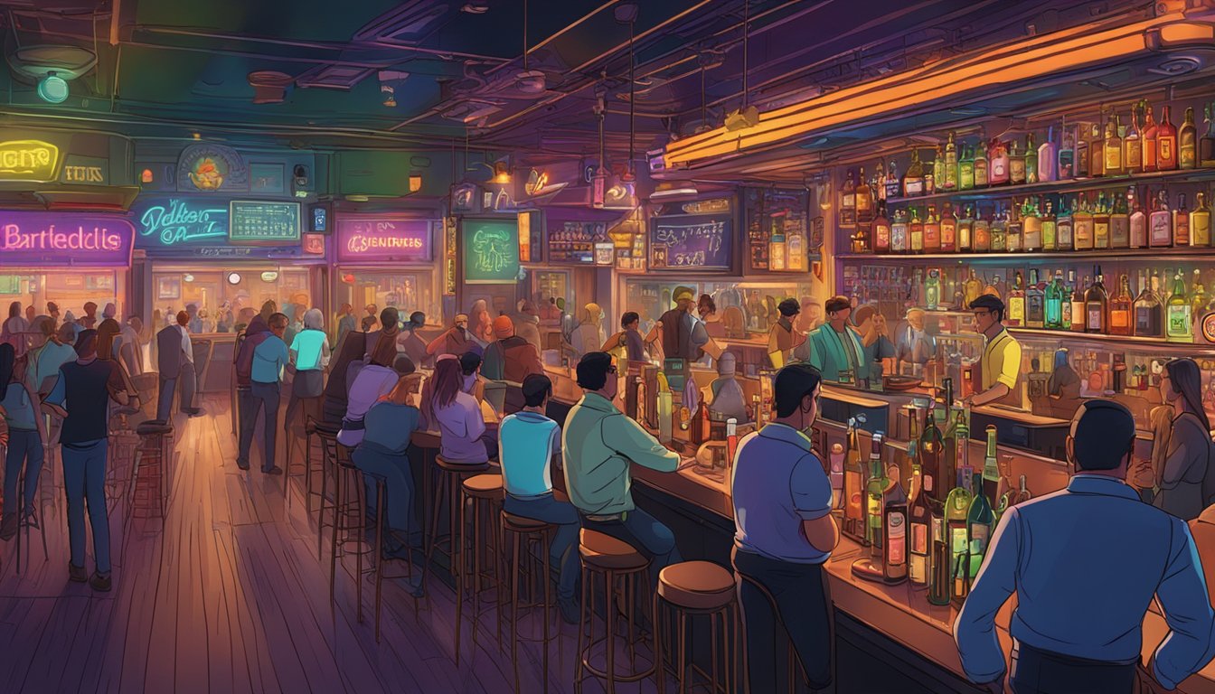 A bustling bar with neon signs, crowded tables, and bartenders pouring drinks