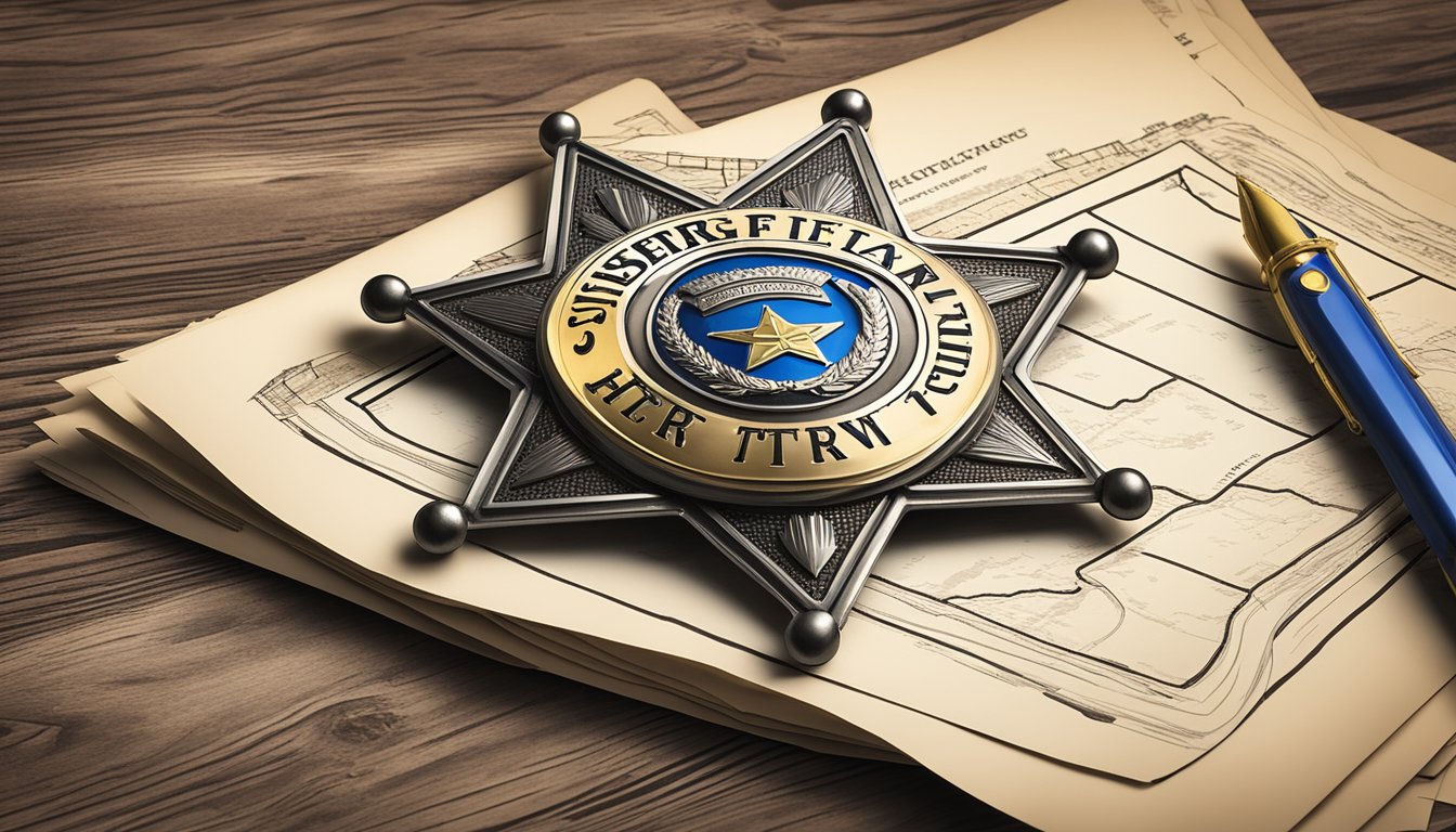 A sheriff's badge on a rustic wooden desk, surrounded by legal documents and a map of Sterling County, Texas