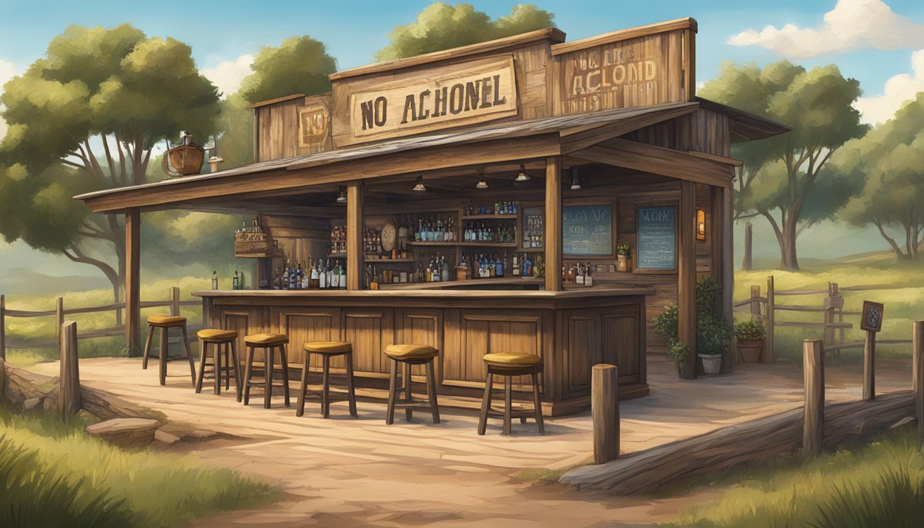 A rustic bar with a "No Alcohol Beyond This Point" sign, surrounded by Texas countryside