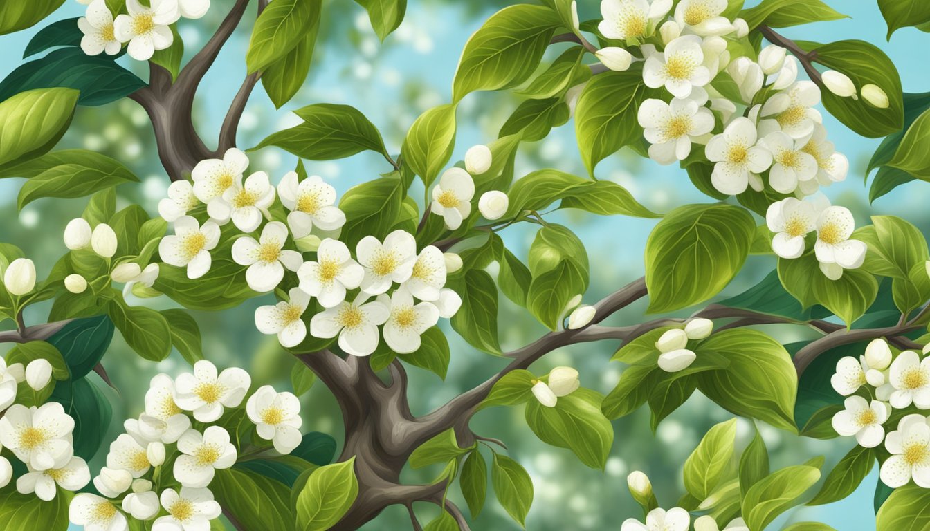 A sand pear tree with ripe fruit, surrounded by lush green foliage and delicate white blossoms