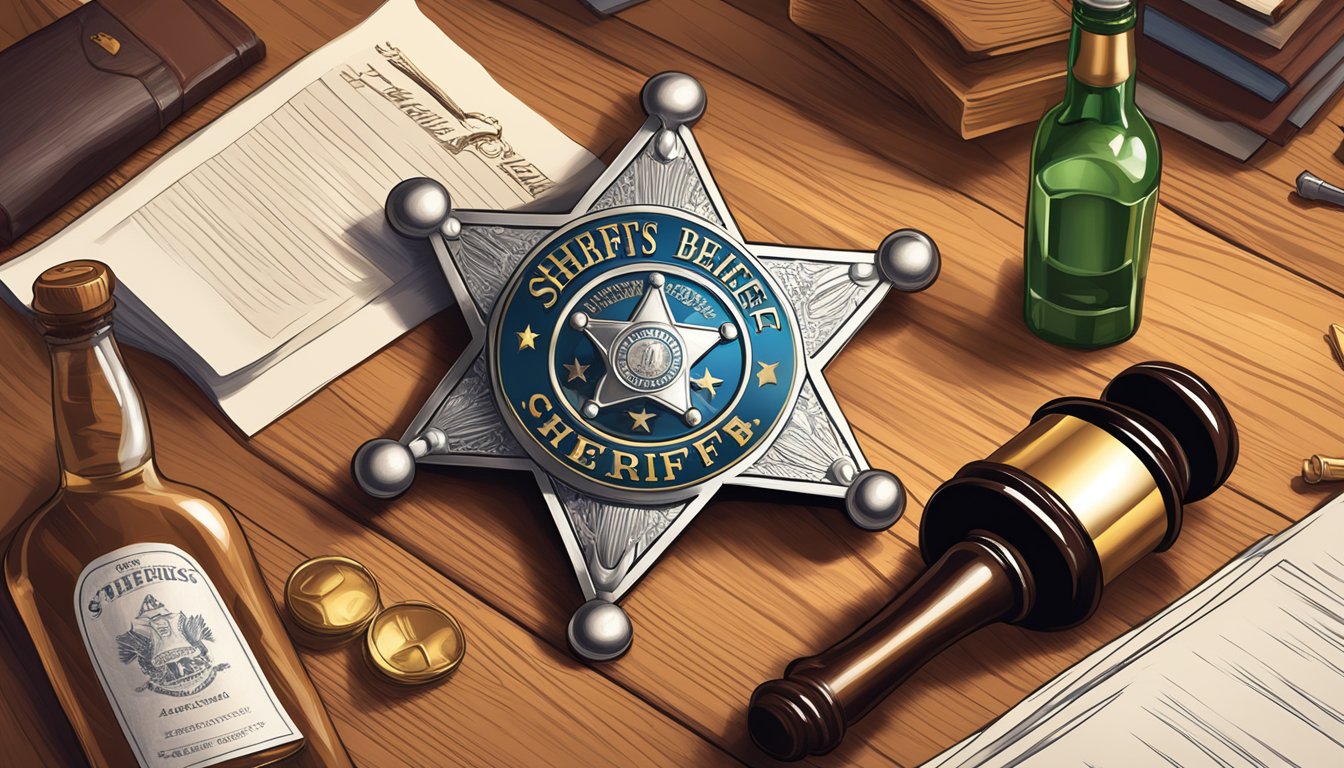 A sheriff's badge and a gavel on a wooden desk, surrounded by legal documents and a bottle of alcohol