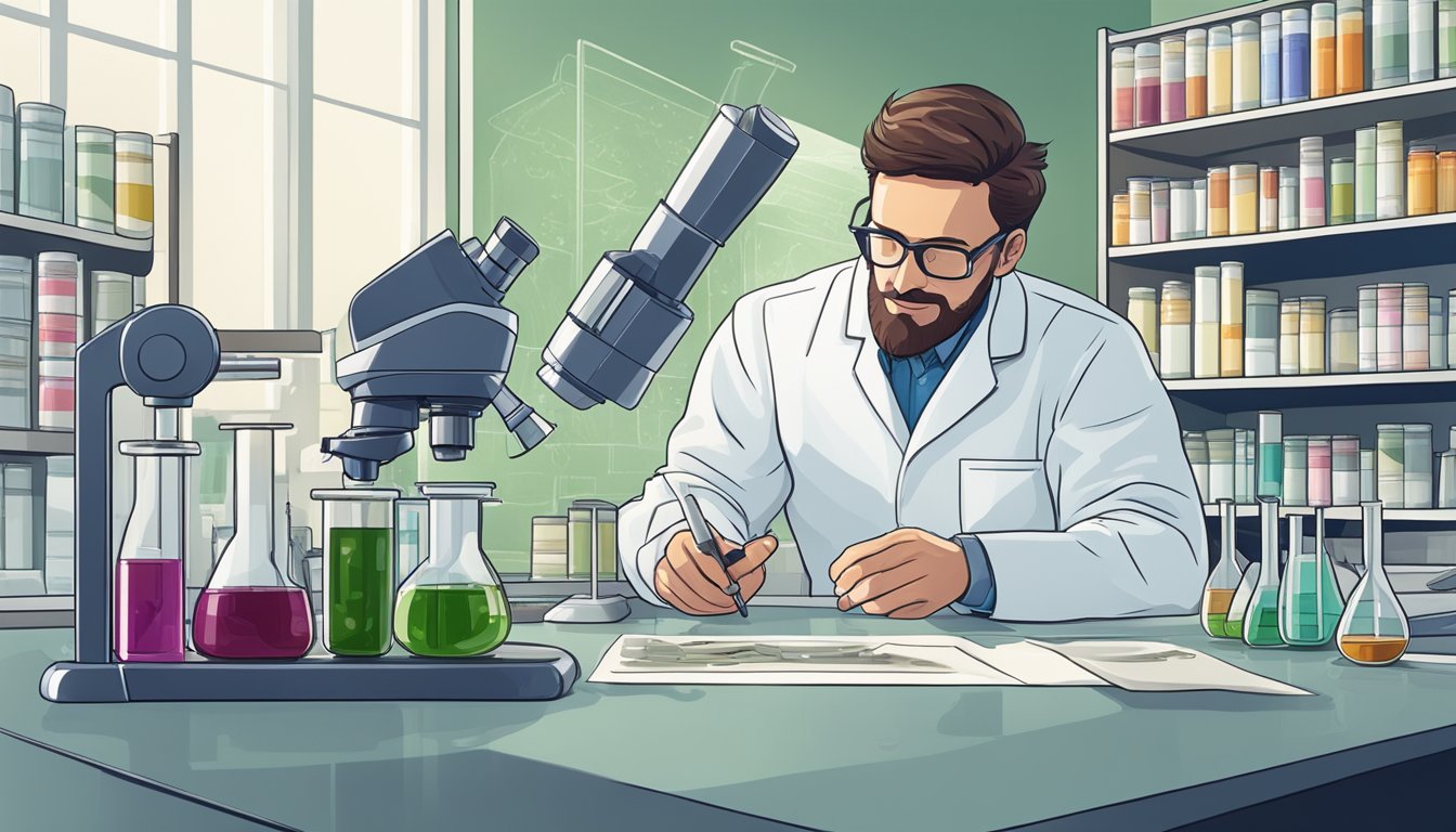 A scientist in a lab coat examines a vial of sumac extract under a microscope, surrounded by research papers and scientific equipment