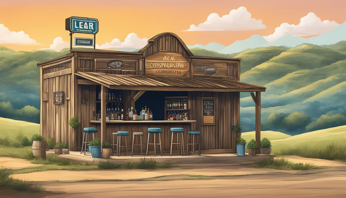 A rustic bar with a "Legal Consumption Area" sign outside, surrounded by the rolling hills of Smith County, Texas