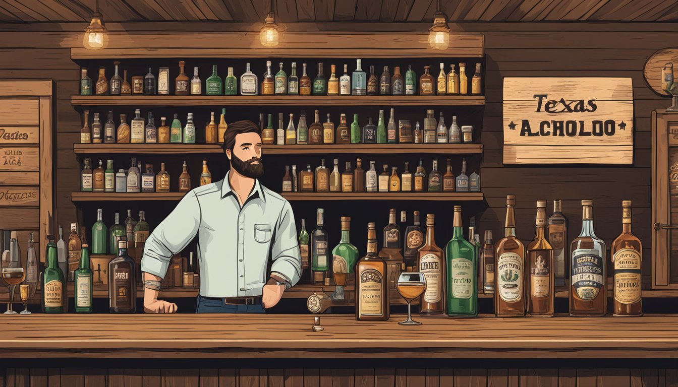 A rustic bar with shelves of alcohol bottles, a bartender serving drinks, and a sign displaying Texas alcohol laws