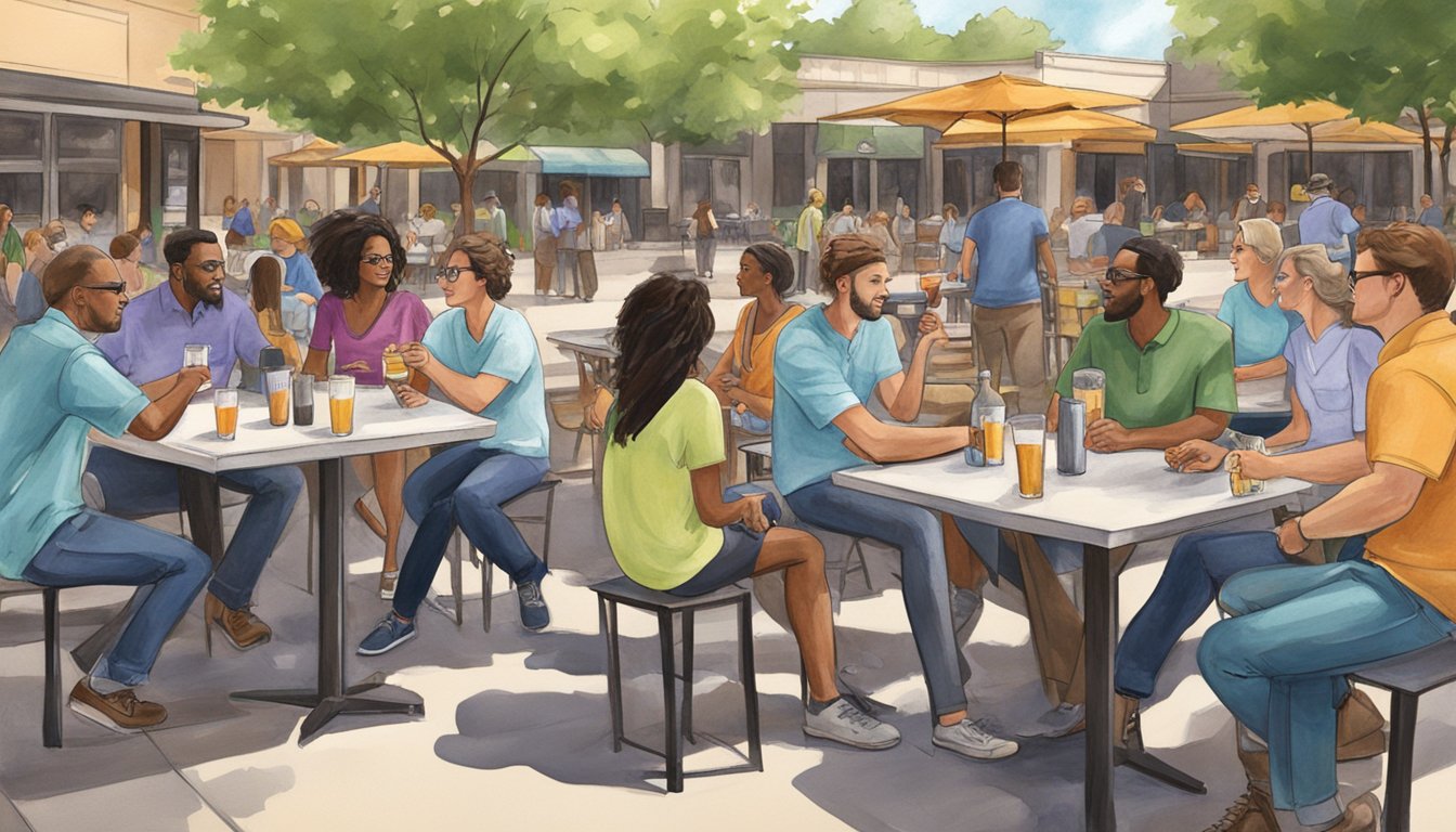 A group of people sitting at outdoor tables, enjoying non-alcoholic beverages in a designated public area in Tarrant County, Texas