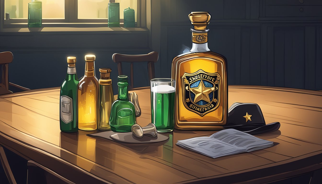 A sheriff's badge and a bottle of alcohol on a table in a dimly lit room