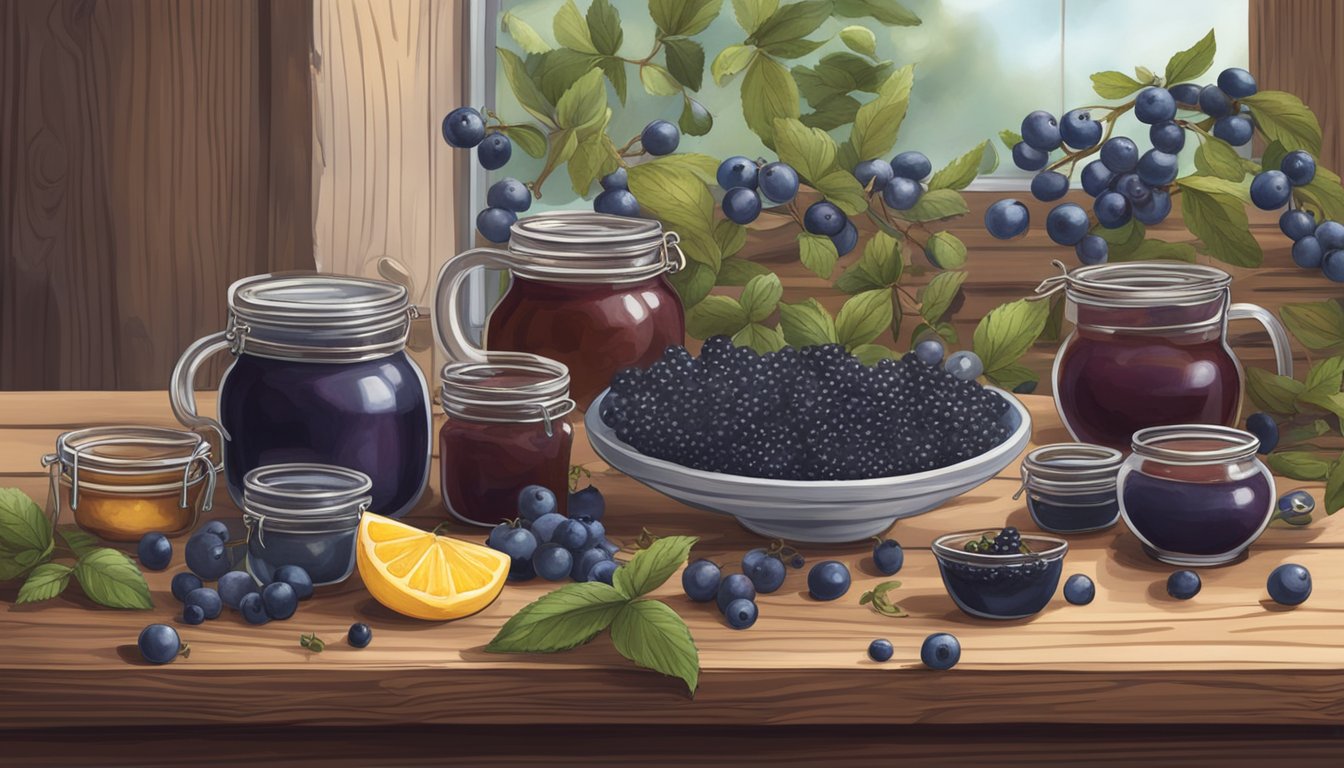 A rustic kitchen table adorned with freshly picked sloe berries, surrounded by jars of homemade jam and a steaming pot of sloe berry tea