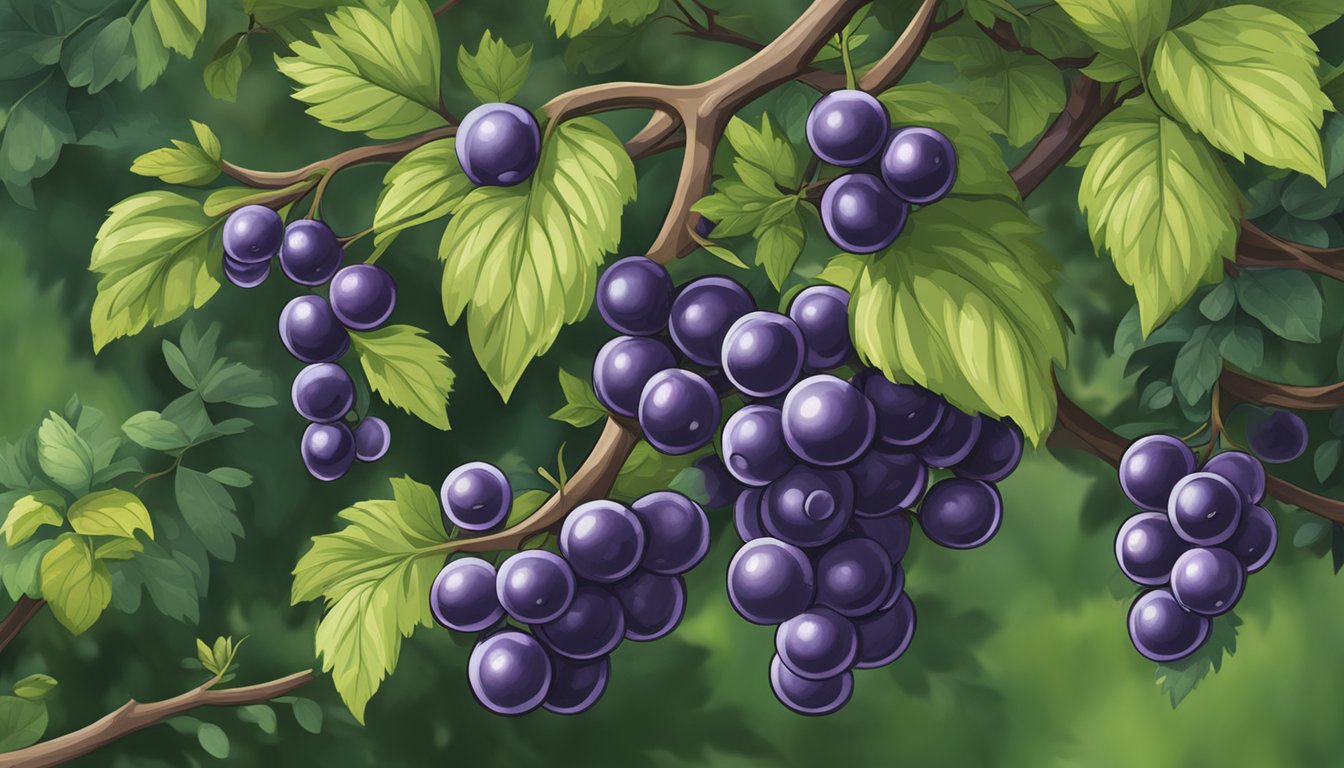 A sloe berry bush surrounded by lush green foliage, with ripe purple berries hanging from the branches. A sign nearby lists the health benefits and safety concerns