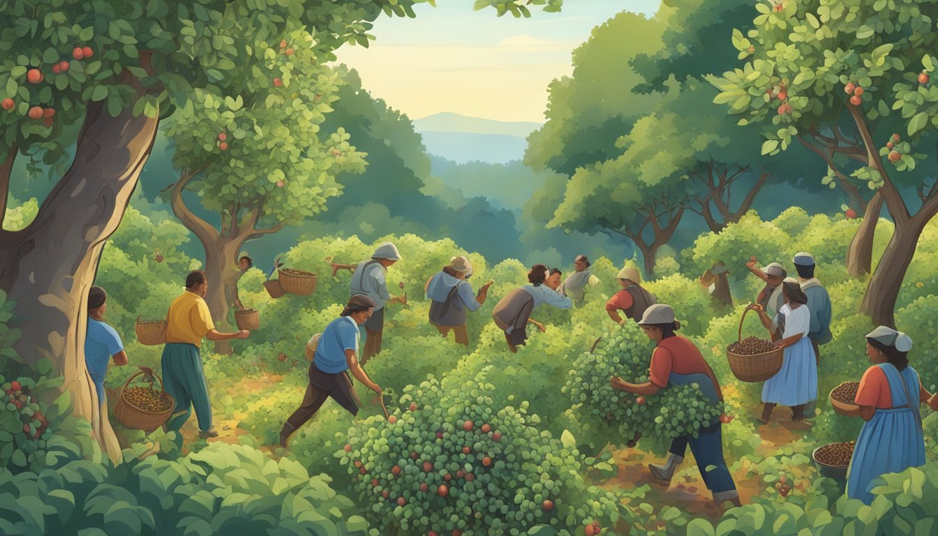 A lush forest with sloe berry bushes, surrounded by a diverse group of people collecting the berries. The scene is filled with a sense of cultural significance and traditional beliefs as the people harvest the berries for their health benefits