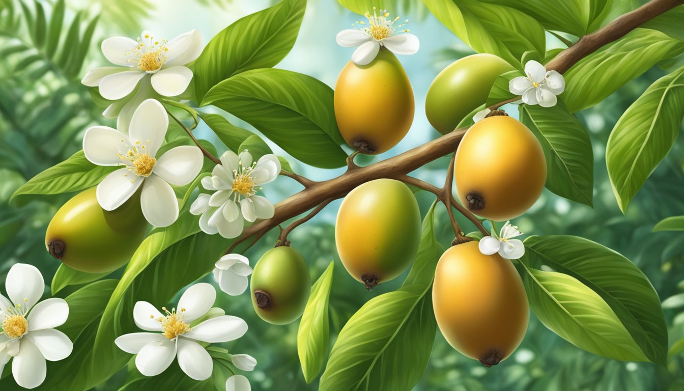 A ripe sapodilla fruit hangs from a tree, surrounded by lush green leaves and small white flowers. Bees buzz around, attracted to the sweet aroma