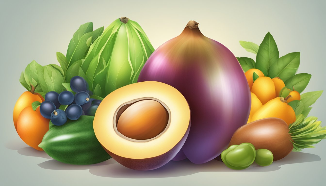 A colorful illustration of ripe sapodilla fruit surrounded by various fruits and vegetables, with a glowing halo to symbolize its health benefits