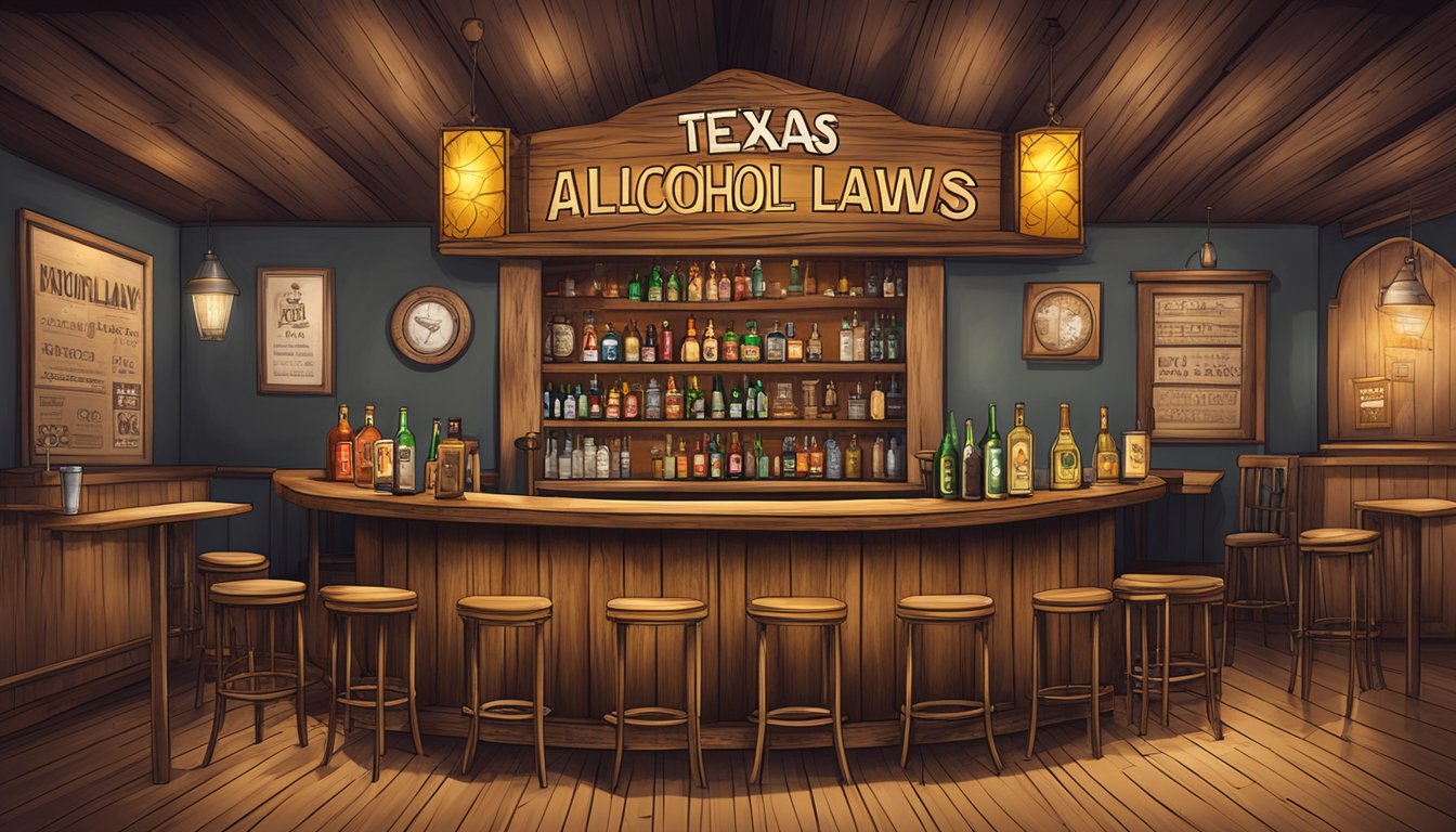 A rustic bar with "Texas Alcohol Laws" sign