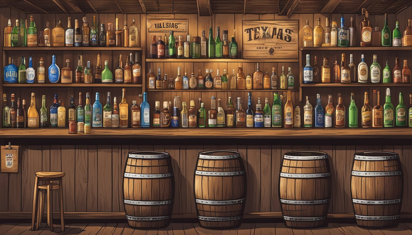 A rustic bar with shelves of various alcohol bottles and kegs, surrounded by signs displaying Texas alcohol laws