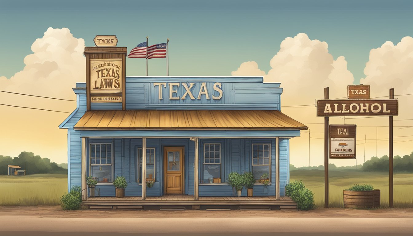 A rural Texas landscape with a small town bar and a sign displaying "Texas Alcohol Laws Framework" prominently