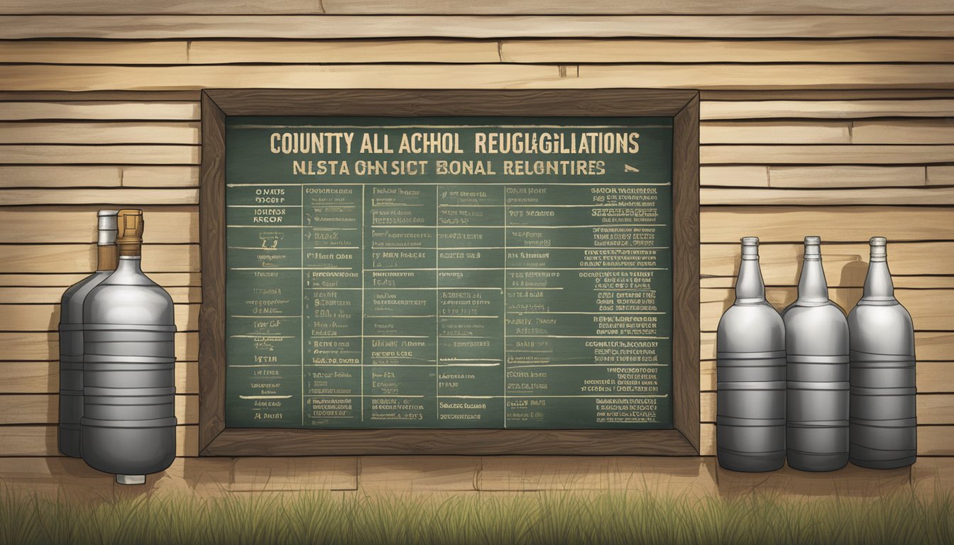 A rustic sign with crossed out alcohol bottles and a list of county alcohol regulations posted outside a government building in Shackelford County, Texas